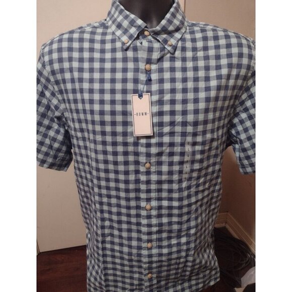 Men's ROWM Shirt Large L Blue Check NWT New Button Front Short Sleeve Cotton - Picture 1 of 13